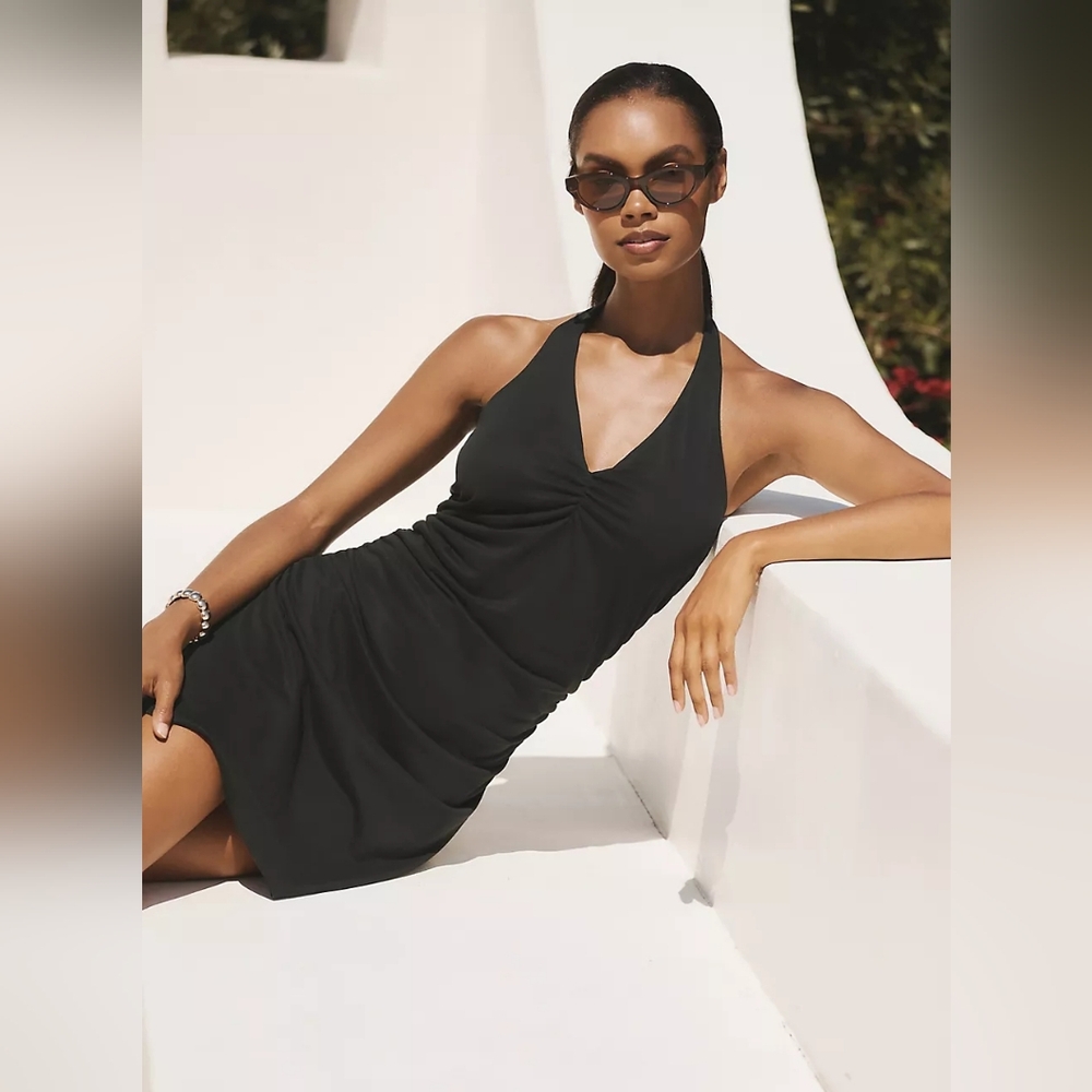 Anthropologie The Ariana Halter Mini Dress Black